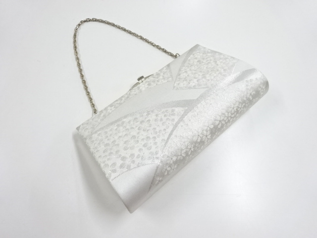 リサイクル　銀糸地紙に花模様織り出し和装バッグ